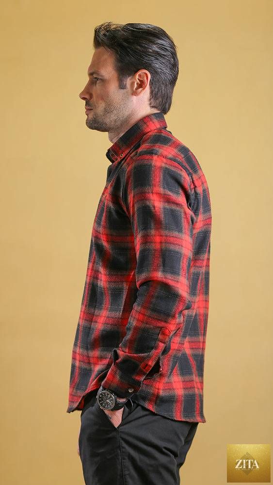 Bright Moons Woodsman Shirt in rugged plaid fabric with button-up front and chest pockets, perfect for outdoor casual wear.