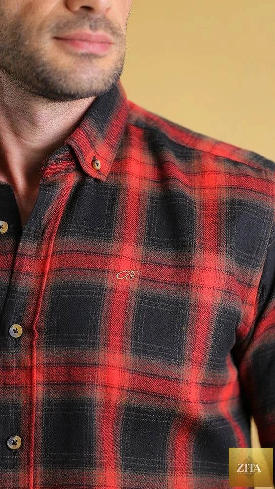 Bright Moons Woodsman Shirt in rugged plaid fabric, featuring button-up front and chest pockets, casual outdoor style.