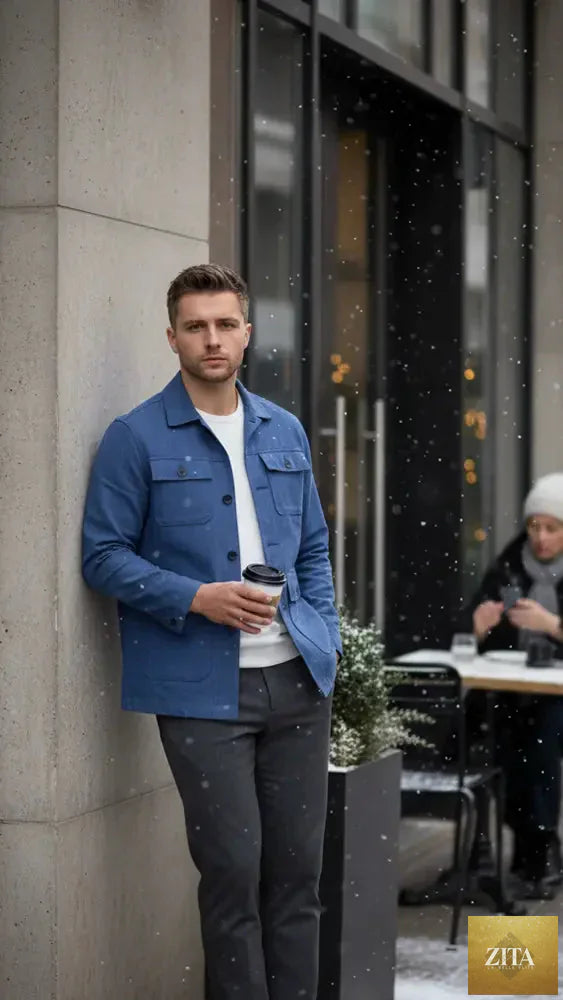 Bright Moons Slim Safari Coat in ocean blue, stylish lightweight coat with a tailored fit and button details, perfect for outdoor wear.