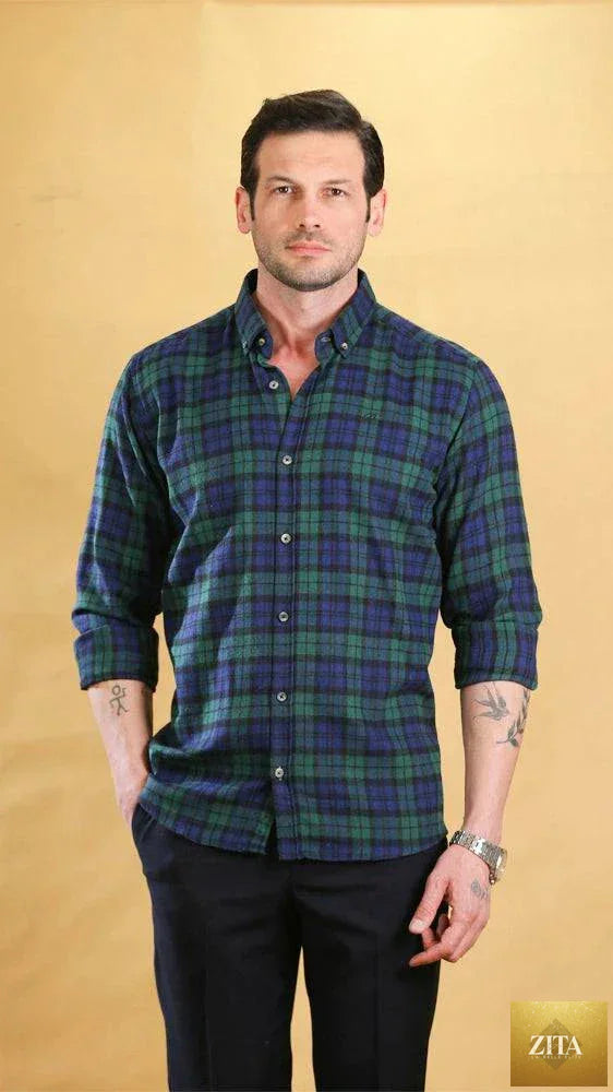 Bright Moons Woodsman Shirt in rugged fabric with button-down collar and chest pockets, displayed on a hanger.