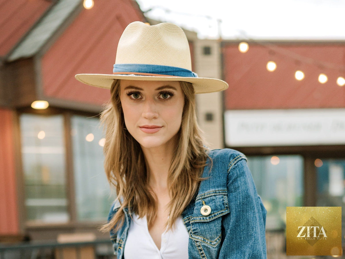 Handwoven indigo Panama straw fedora hat by Bigalli Hats USA, showcasing its stylish wide brim and classic design.