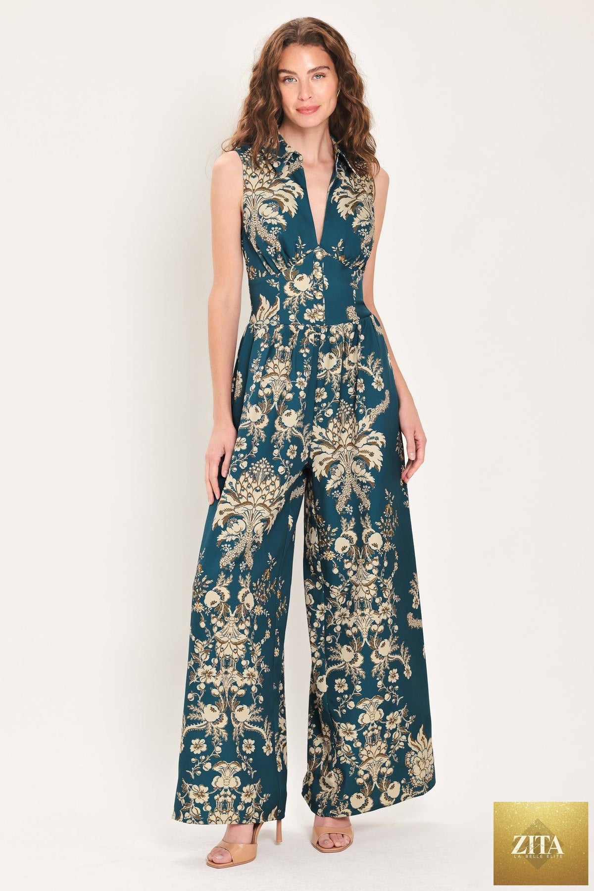 TEAL TAKEOVER PRINTED COLLARED WIDE-LEG JUMPSUIT