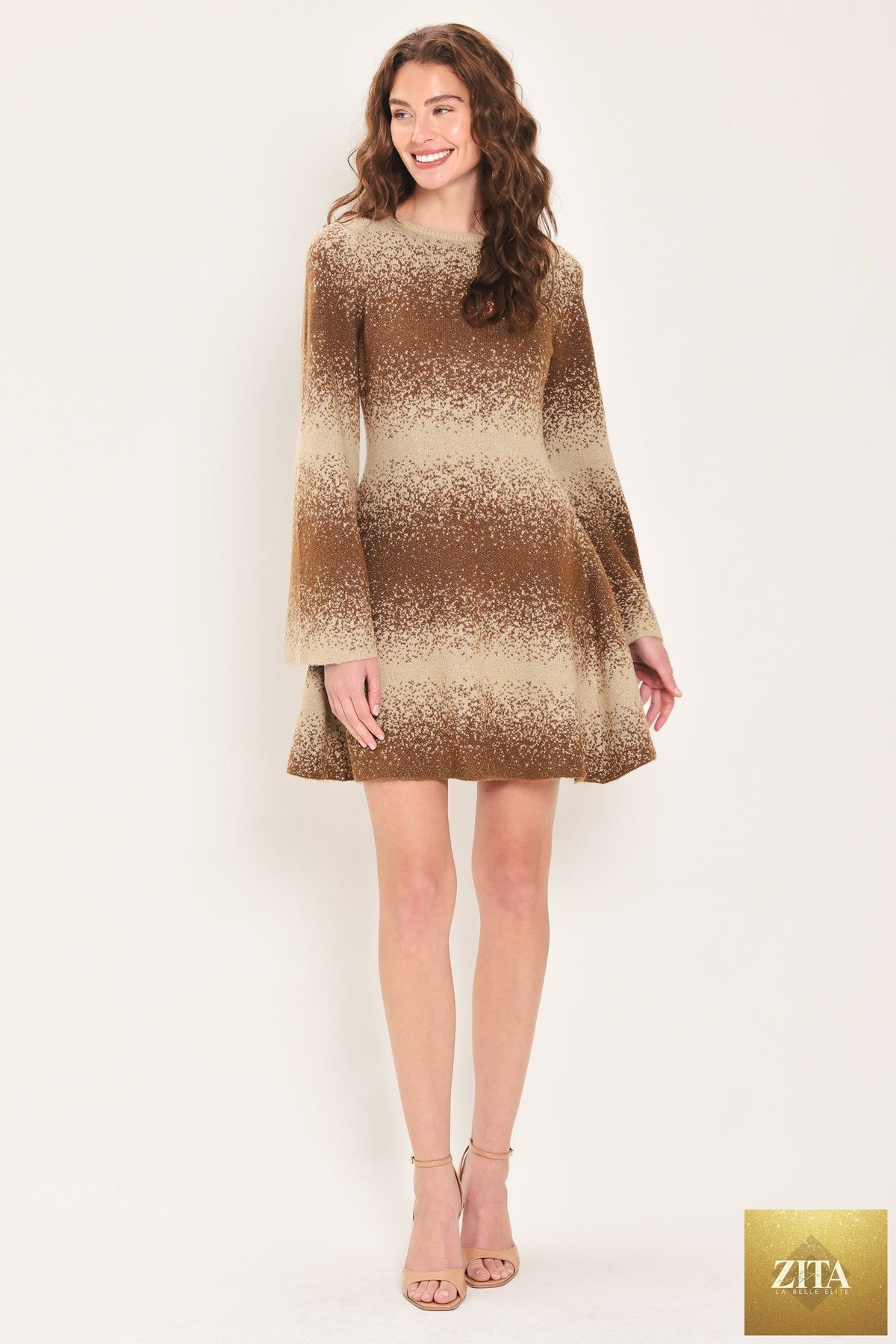 AUTUMN SHIMMER BROWN MULTI LUREX BELL-SLEEVE MINI DRESS