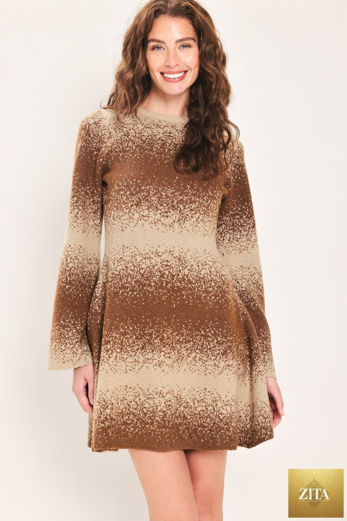 AUTUMN SHIMMER BROWN MULTI LUREX BELL-SLEEVE MINI DRESS