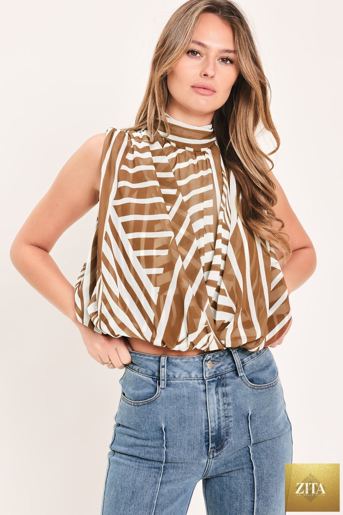 Flying Tomato Latte Ribbon Rhapsody woven top in mocha color, featuring a stylish, textured design with ribbon accents.