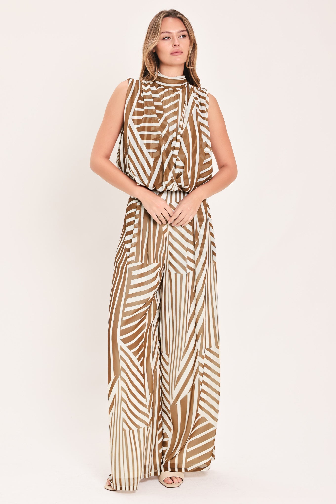 Flying Tomato Latte Ribbon Rhapsody woven top in mocha with a relaxed fit and detailed ribbon design.