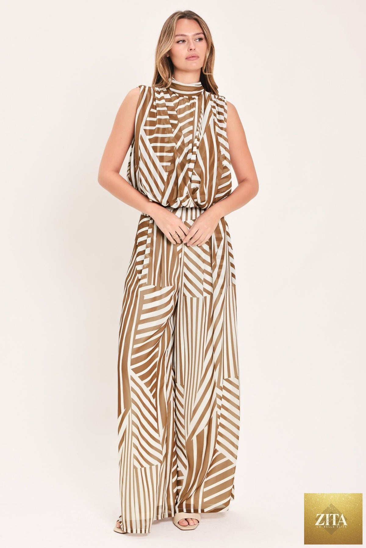 Flying Tomato Latte Ribbon Rhapsody woven top in mocha with a relaxed fit and intricate ribbon detailing.