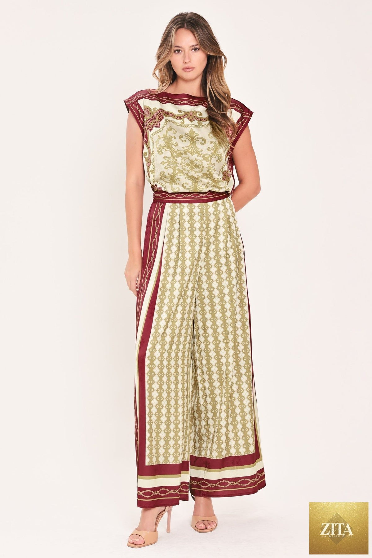 VINTAGE VINE BURGUNDY PRINTED WIDE-NECK TOP
