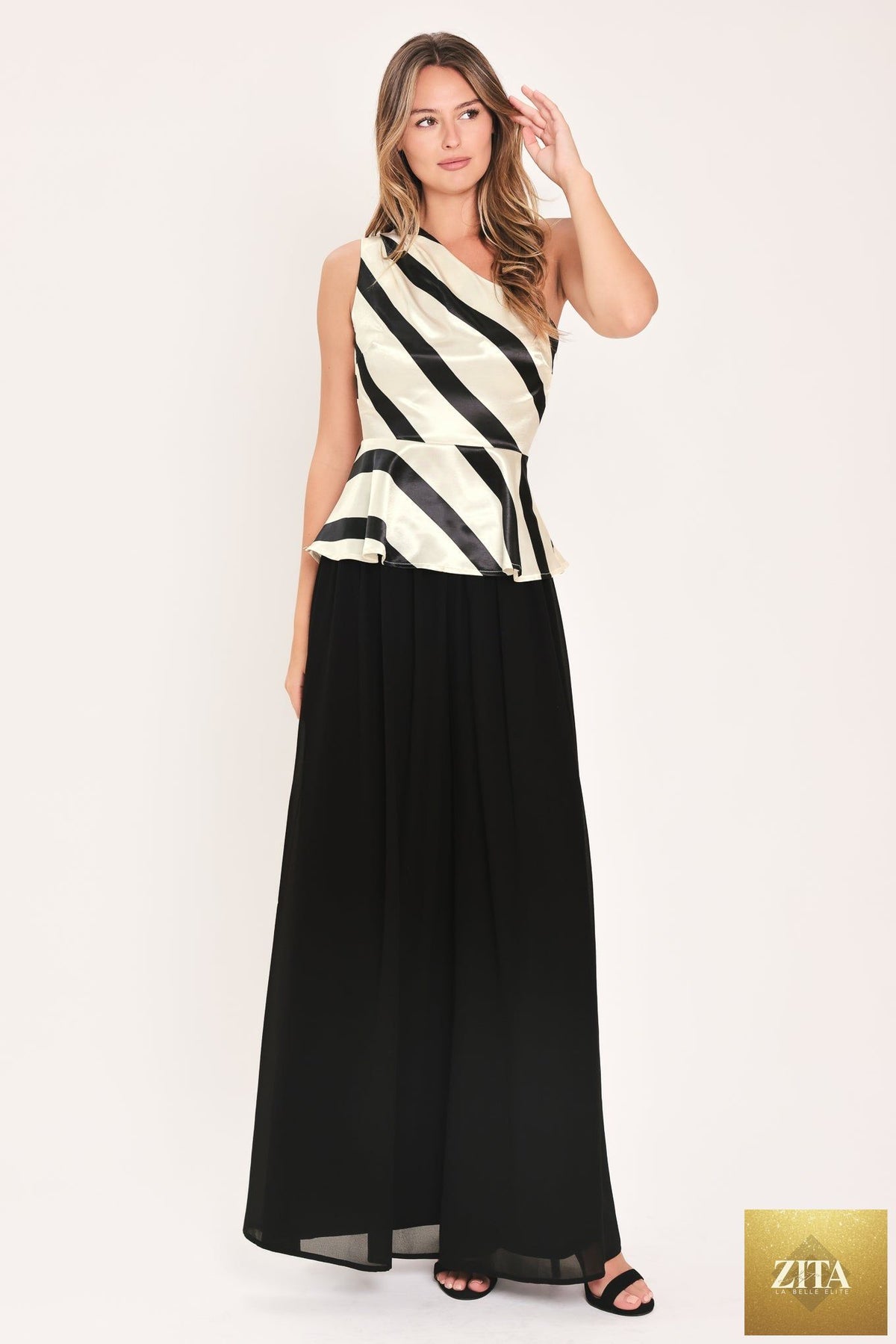 MONOCHROME MOMENT SATIN ONE-SHOULDER PEPLUM TOP