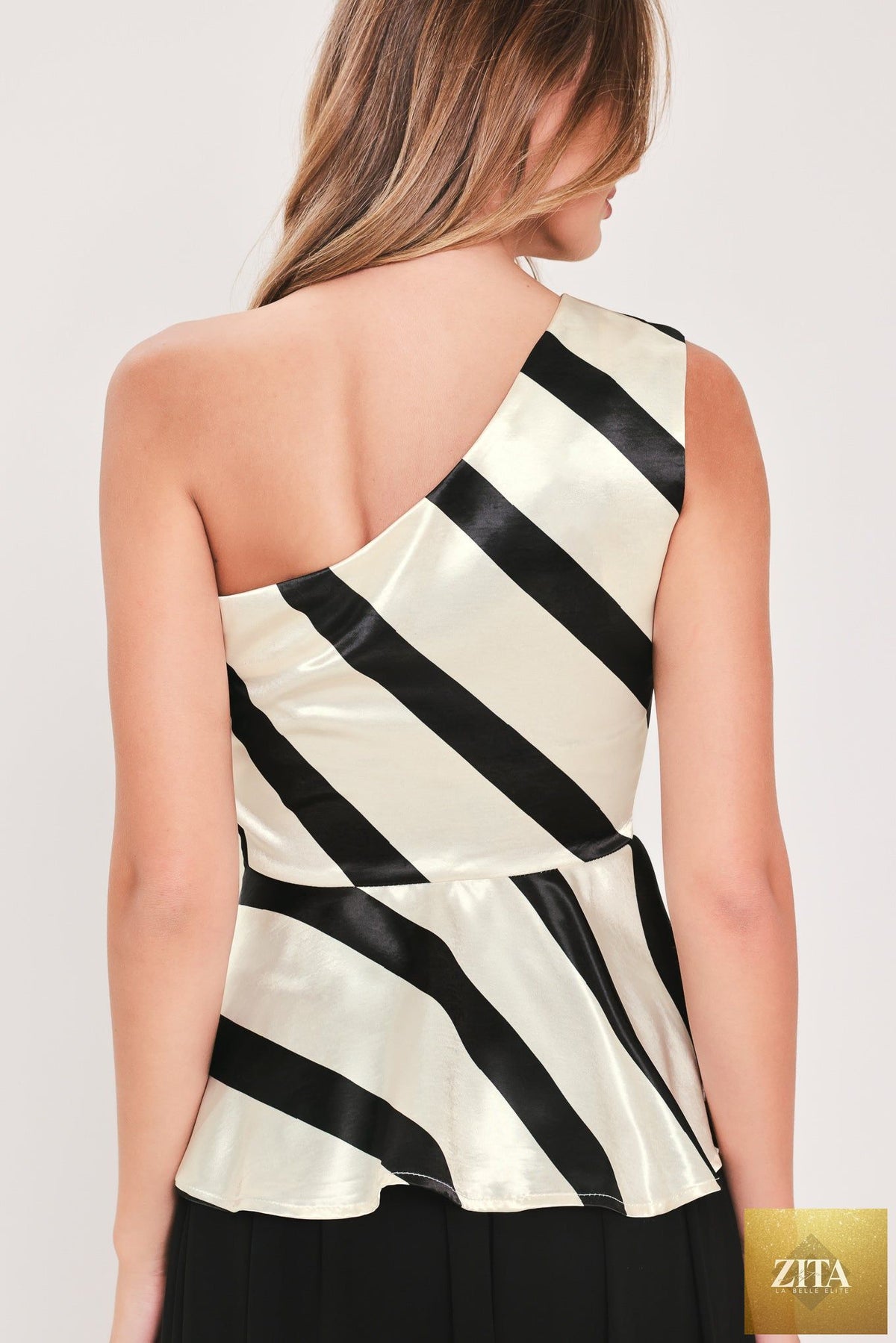 MONOCHROME MOMENT SATIN ONE-SHOULDER PEPLUM TOP