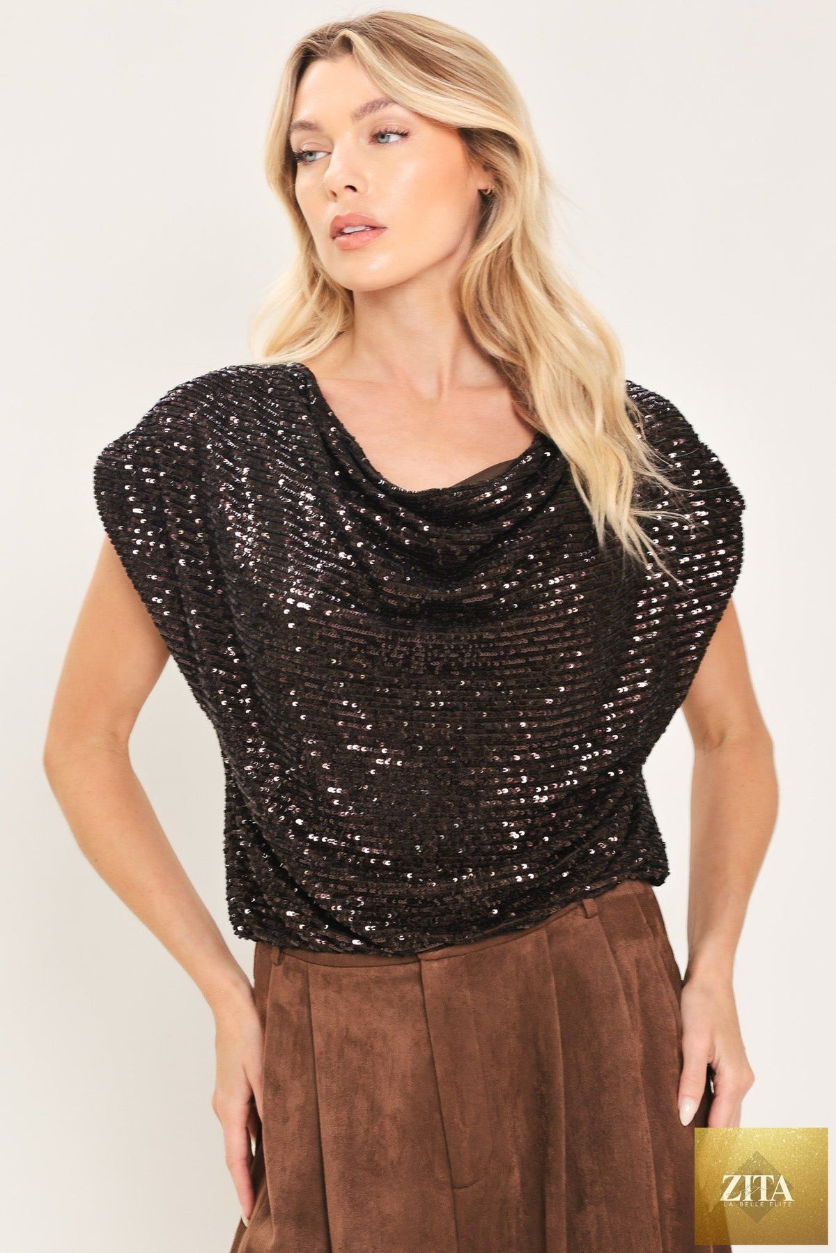 BRONZE GLOW BROWN SEQUIN COWL-NECK DOLMAN TOP