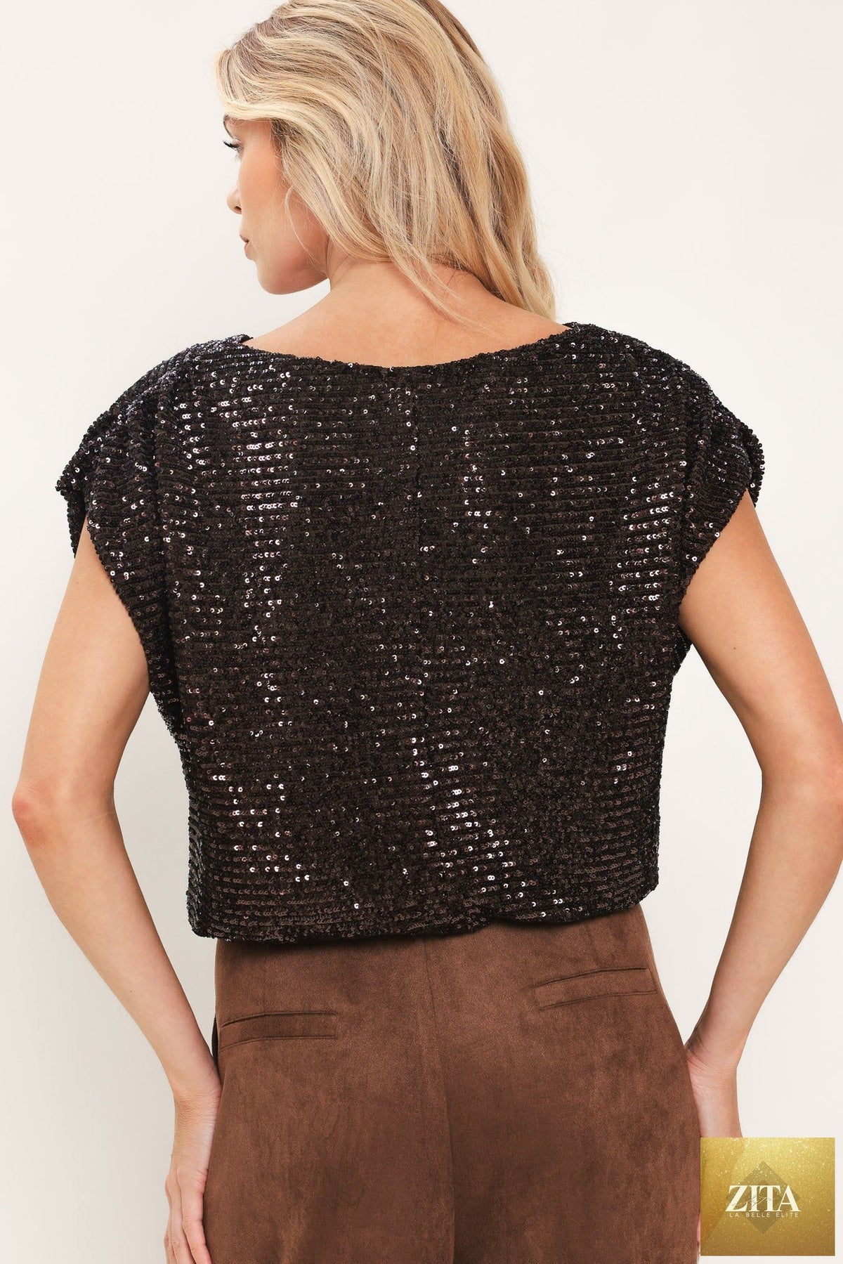 BRONZE GLOW BROWN SEQUIN COWL-NECK DOLMAN TOP