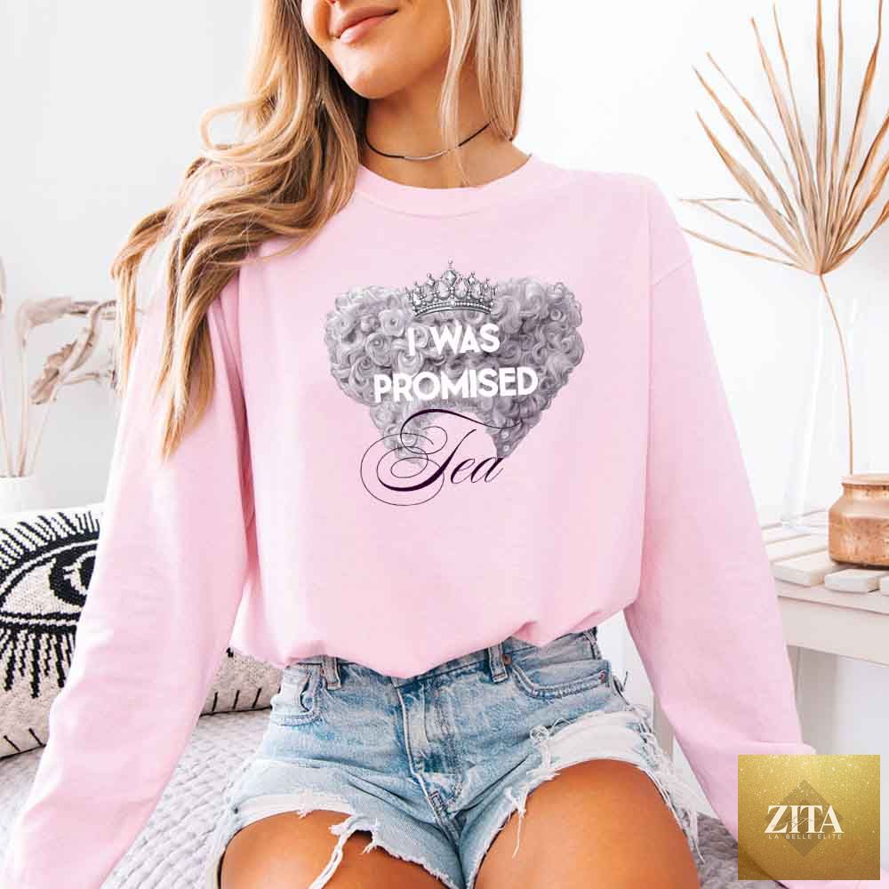 Comfort Colors long sleeve t-shirt featuring "I Was Promised Tea" design, perfect for Regency BookTok fans.