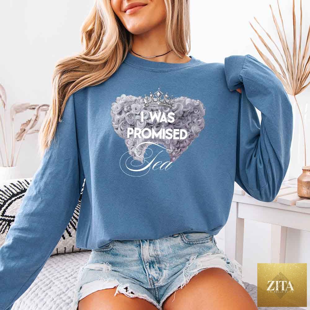 Blue jean long sleeve T-shirt from Adorb Custom Tees with "I Was Promised Tea" Comfort Colors design, featuring BookTok-inspired artwork.
