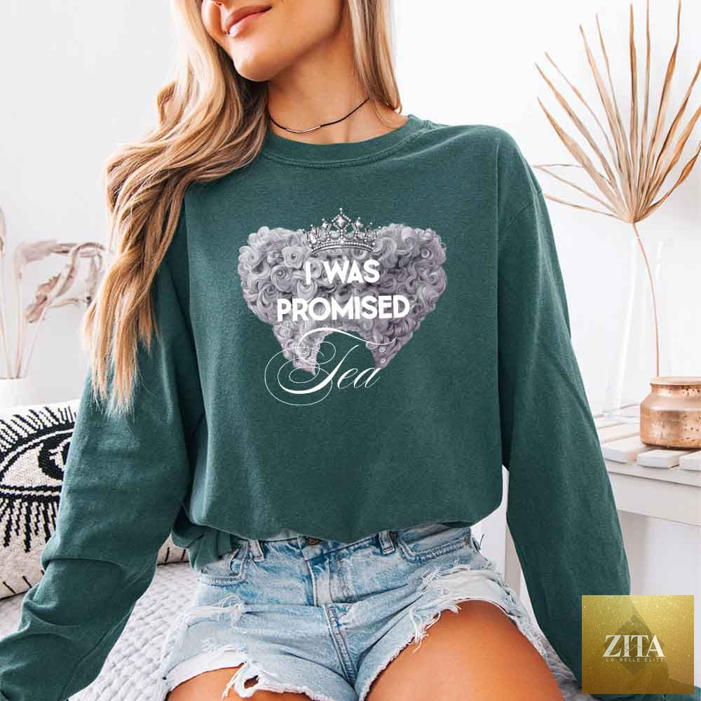 Blue spruce long sleeve T-shirt from Adorb Custom Tees featuring "I Was Promised Tea" design, perfect for BookTok fans.