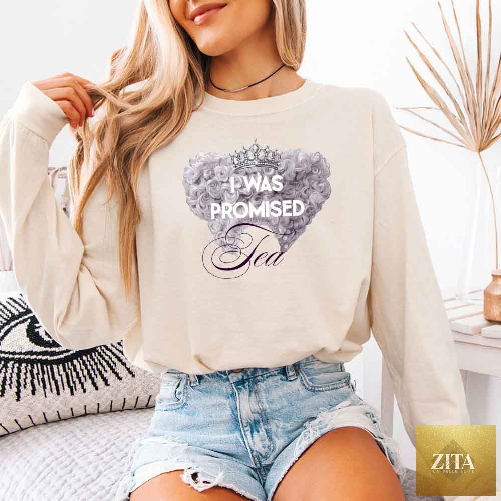 Ivory Comfort Colors long sleeve T-shirt featuring "I Was Promised Tea" text, from Adorb Custom Tees, styled for BookTok fans.