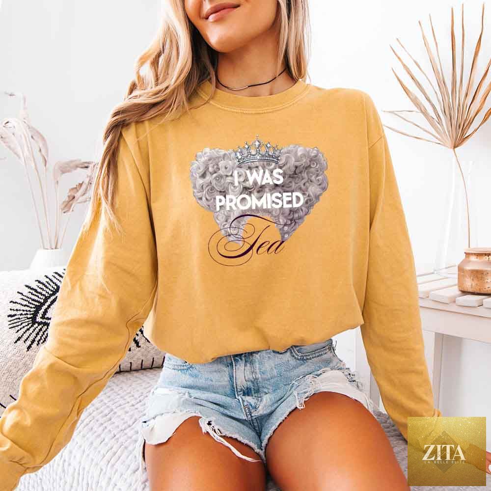 Mustard long sleeve T-shirt from Adorb Custom Tees featuring "I Was Promised Tea" design, Comfort Colors brand, perfect for BookTok fans.