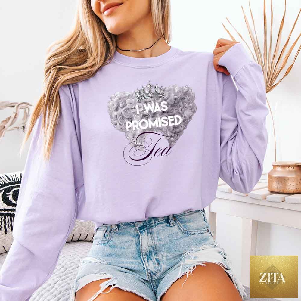 Long sleeve T-shirt featuring "I Was Promised Tea" design in orchid color by Adorb Custom Tees, with Comfort Colors branding.