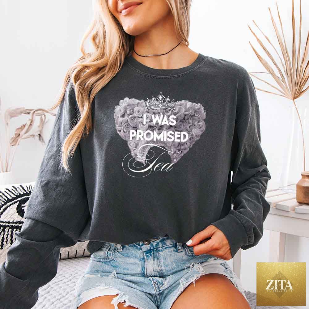 Comfort Colors long sleeve T-shirt featuring "I Was Promised Tea" design in pepper color, perfect for BookTok fans.