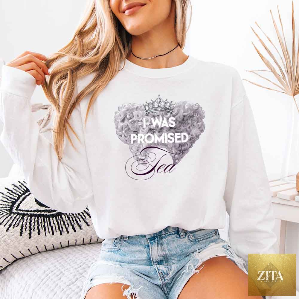 White long sleeve T-shirt from Adorb Custom Tees featuring "I Was Promised Tea" design, comfortable cotton fabric, Regency BookTok style.