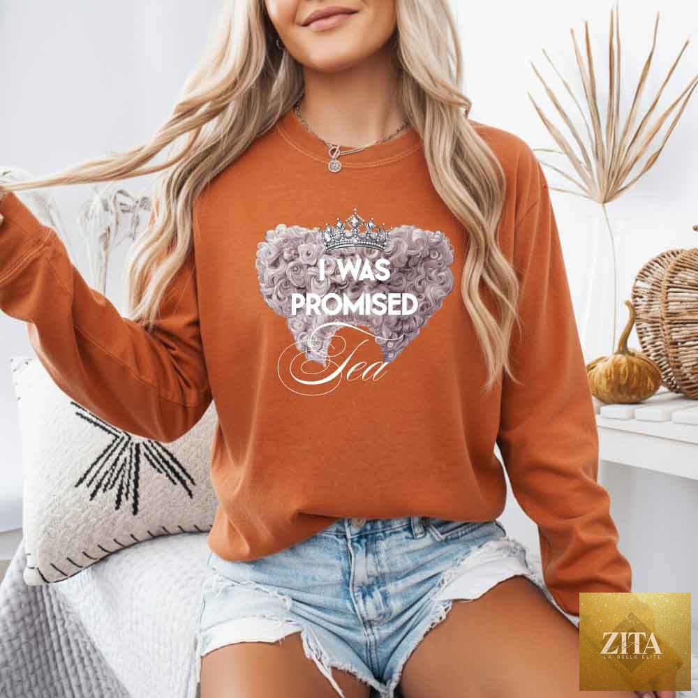 Comfort Colors long sleeve T-shirt featuring "I Was Promised Tea" design, from Adorb Custom Tees, in a cozy, casual style.