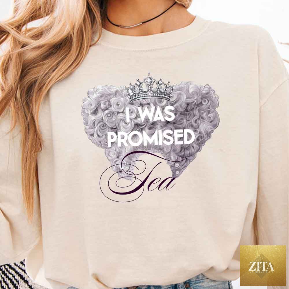 Comfort Colors long sleeve T-shirt featuring "I Was Promised Tea" design, ideal for BookTok fans, by Adorb Custom Tees.
