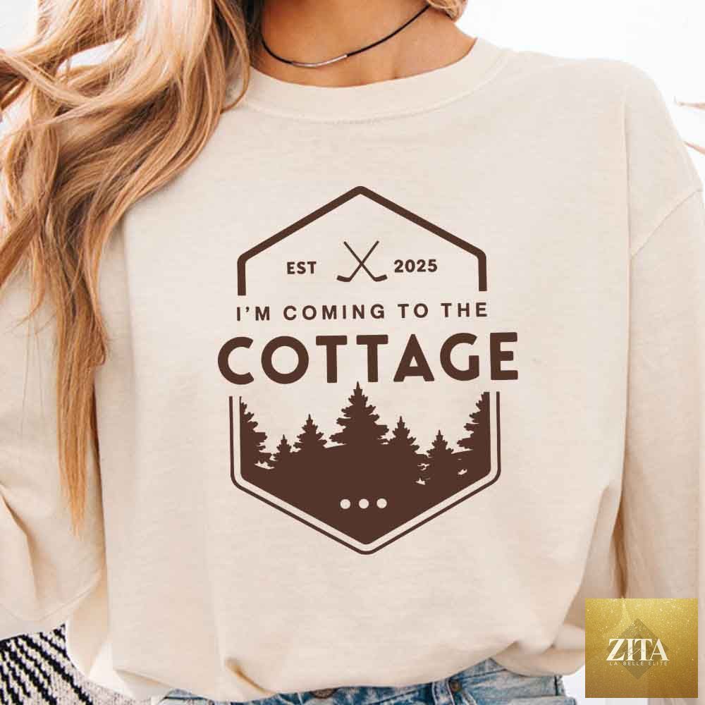 Comfort Colors long sleeve shirt featuring "I'm Coming to the Cottage" text, perfect for book lovers and Cottagecore style fans.
