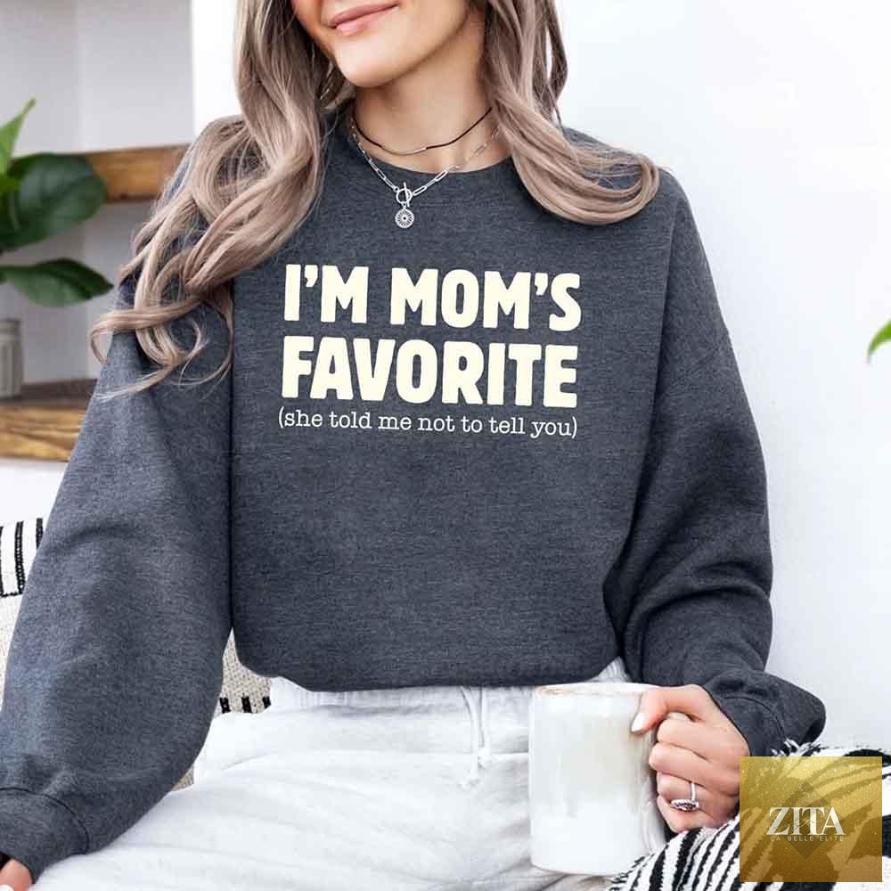 Unisex sweatshirt featuring humorous "Mom’s Favorite Son & Daughter" design by Adorb Custom Tees, casual and comfortable clothing.