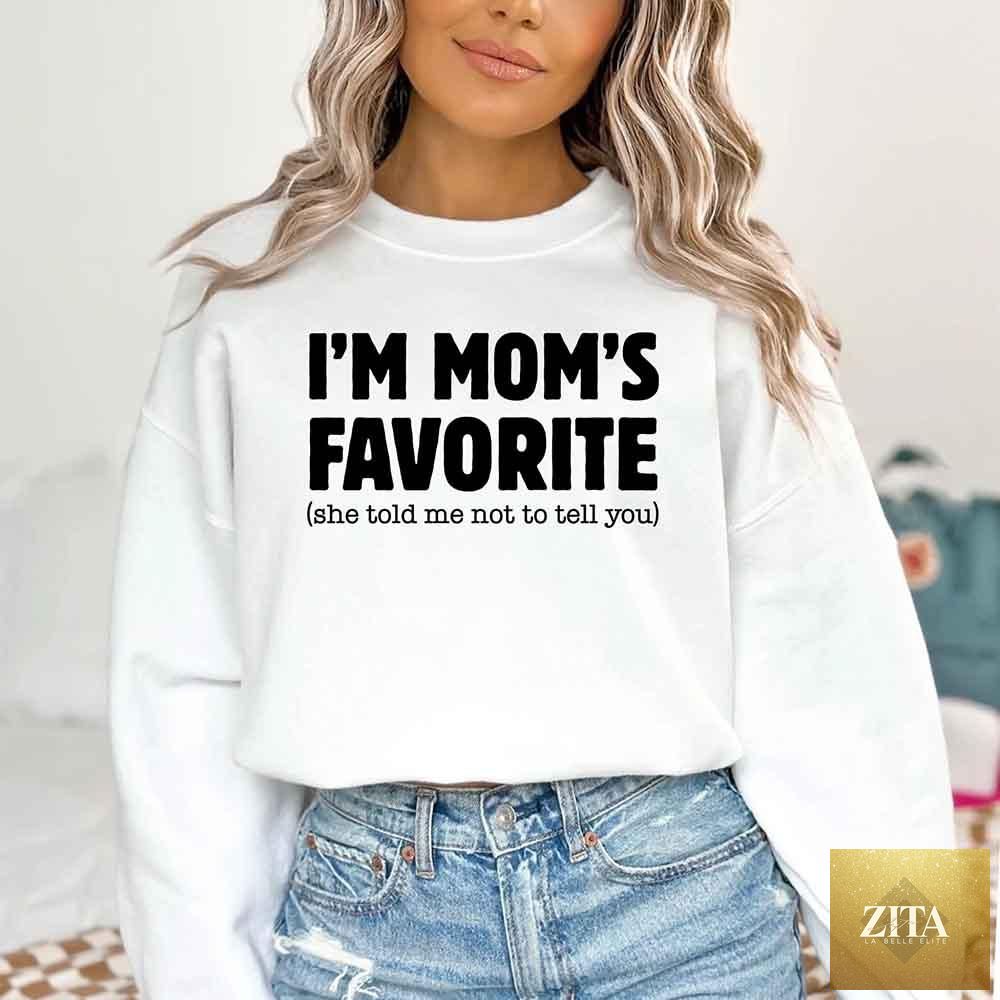 Unisex gray sweatshirt with "I'm Mom's Favorite" text, featuring playful design for sons and daughters, by Adorb Custom Tees.