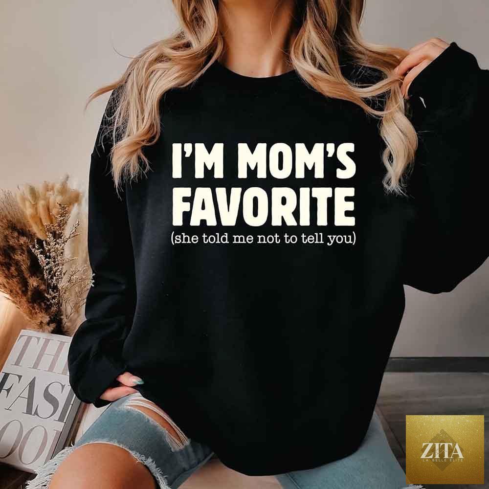 Unisex white sweatshirt with humorous "Mom’s Favorite Son & Daughter" print, by Adorb Custom Tees, casual and cozy apparel.