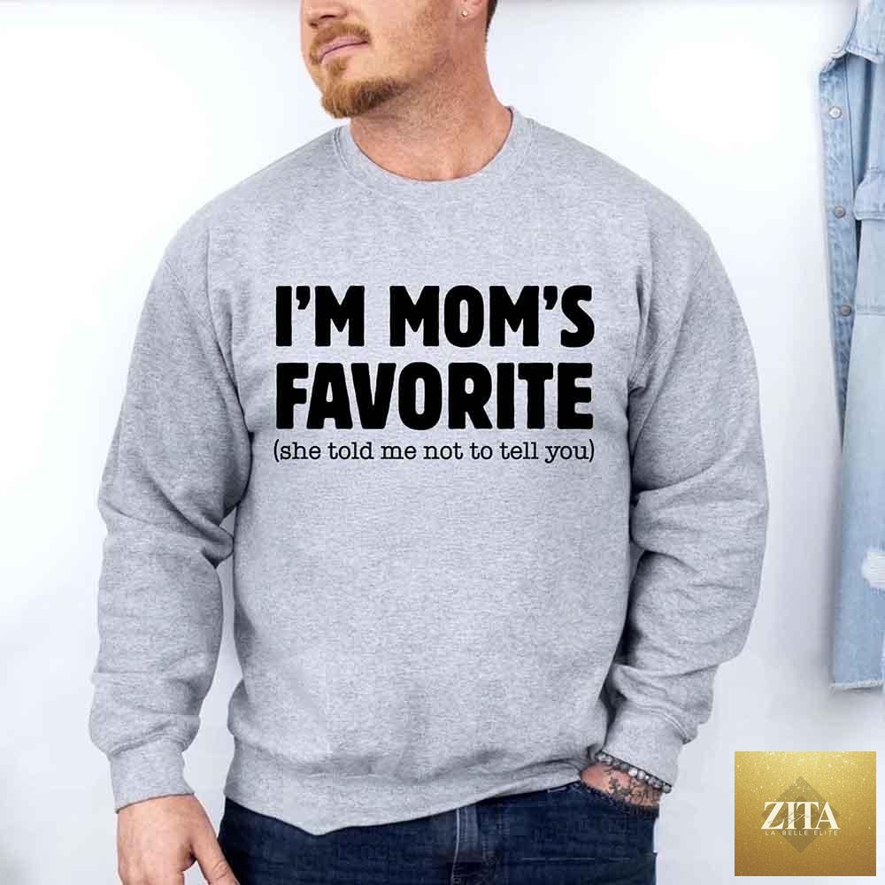 Unisex sweatshirt with humorous "Mom's Favorite Son & Daughter" print by Adorb Custom Tees, casual and comfortable clothing.