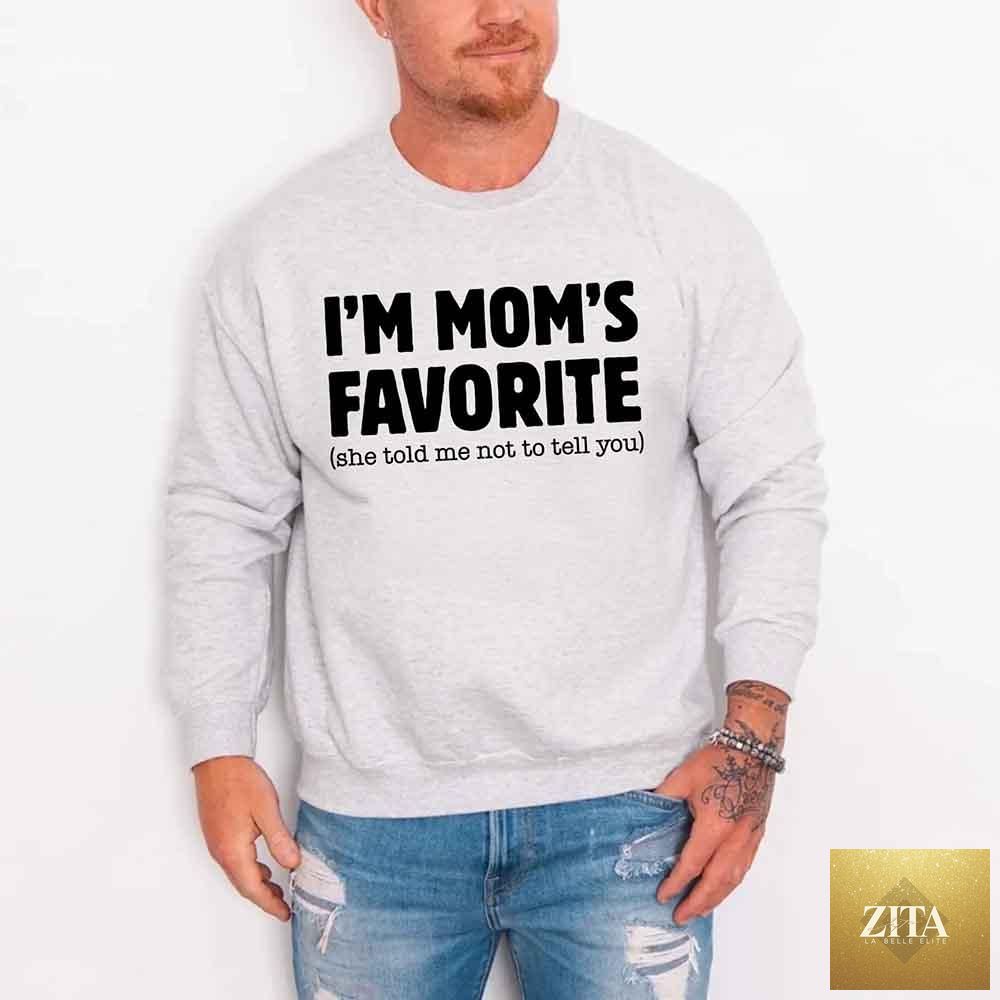 Unisex sweatshirt with humorous "Mom's Favorite Son & Daughter" design by Adorb Custom Tees, casual and comfortable fit.