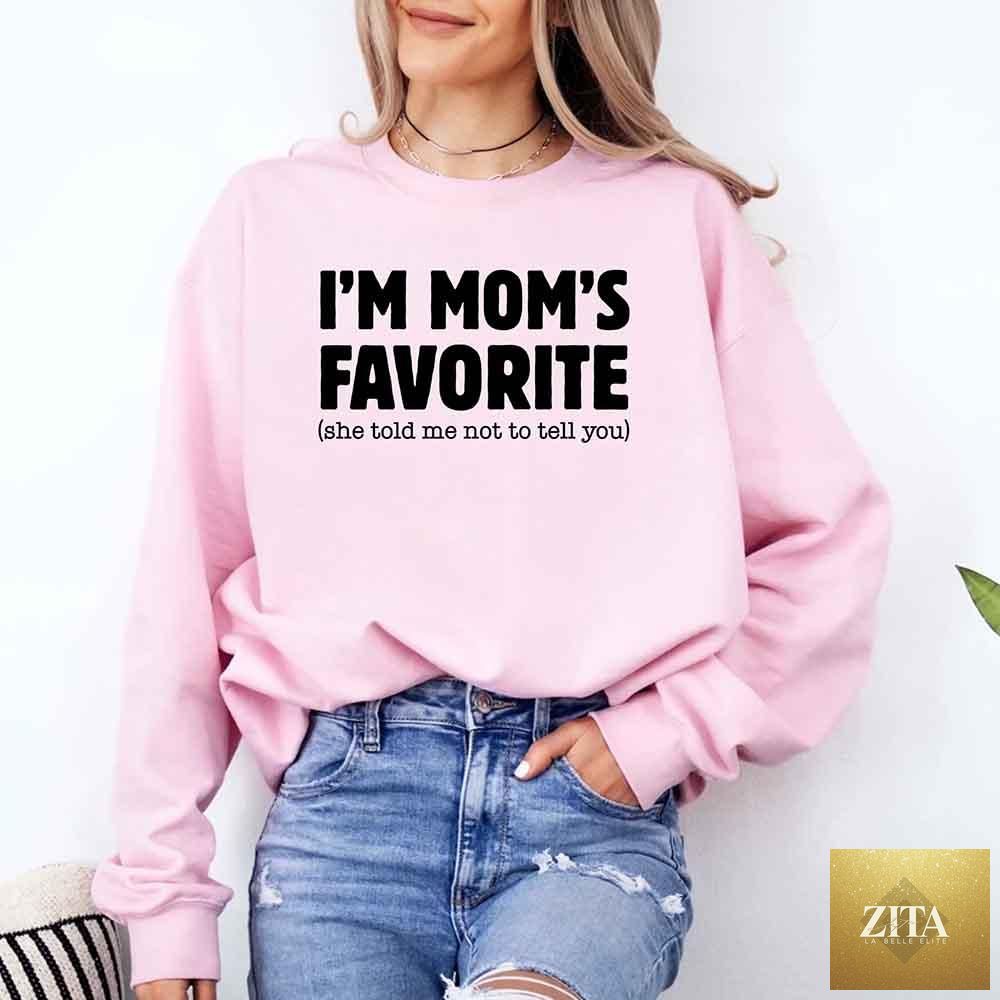 Unisex sweatshirt with humorous "Mom’s Favorite Son & Daughter" print, casual fit, in soft fabric, by Adorb Custom Tees.