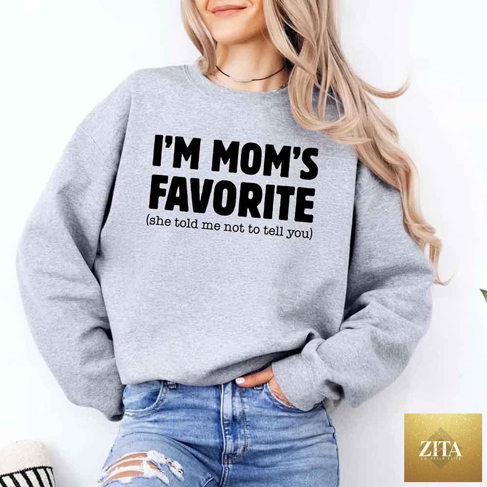 Unisex sweatshirt from Adorb Custom Tees with humorous "Mom’s Favorite Son & Daughter" print, casual fit and cozy fabric.