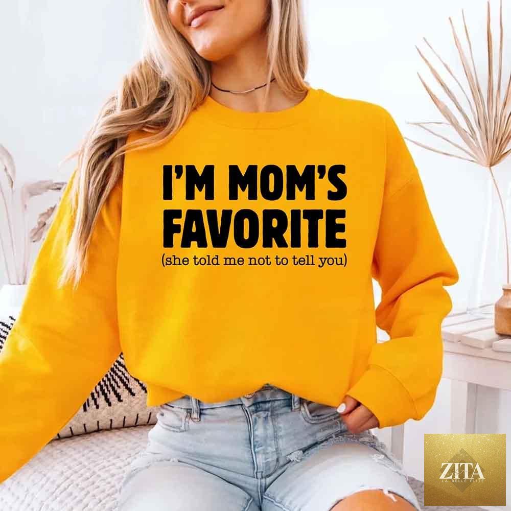 Unisex sweatshirt with humorous "Mom’s Favorite Son & Daughter" print, casual fit, in soft fabric, by Adorb Custom Tees.