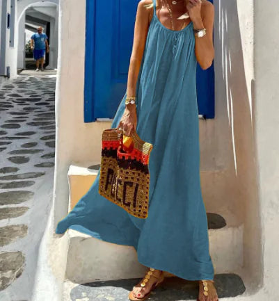 Light-colored halter cotton and linen dress for women featuring a relaxed fit, perfect for casual summer wear.