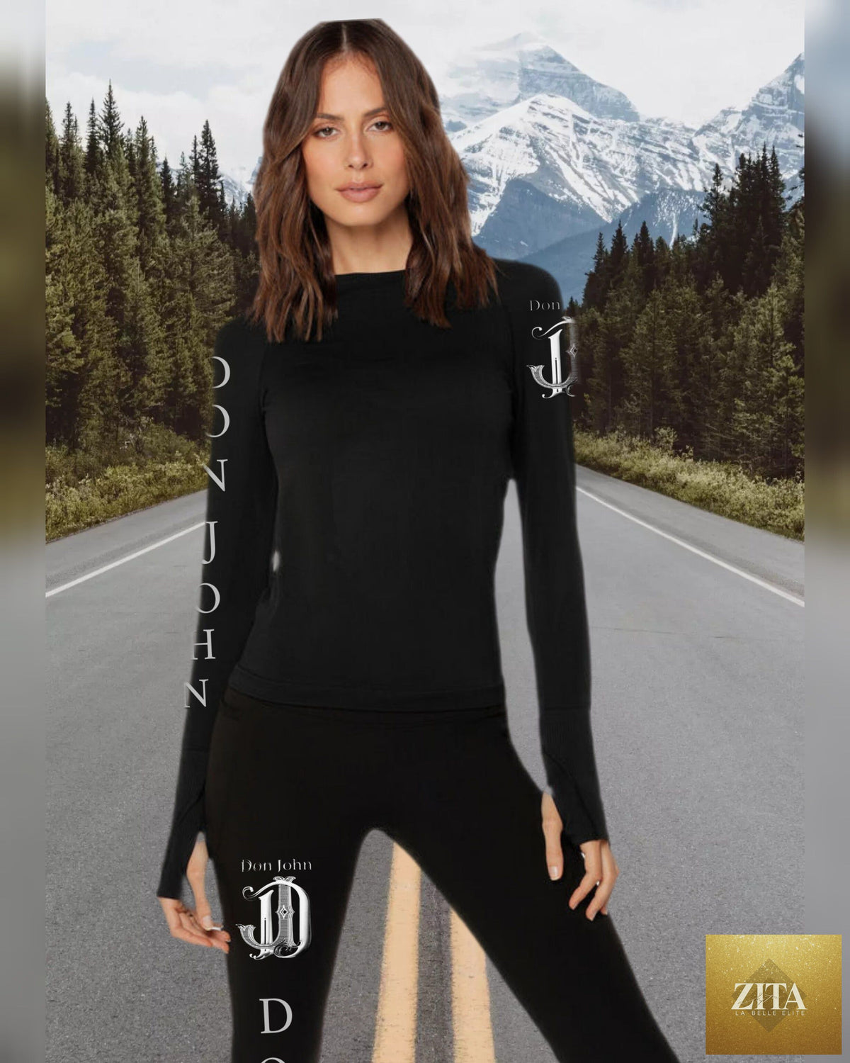 Women's yoga outfit with matching yoga pants and top by donjohnbyvictoriacharles, shown in a comfortable activewear set.