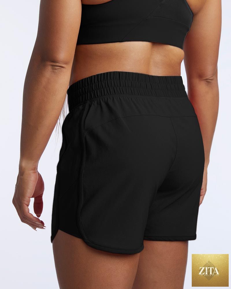Black Indie Women's Training Sport Shorts by Goal Five, shown from the back, designed for comfortable athletic training.