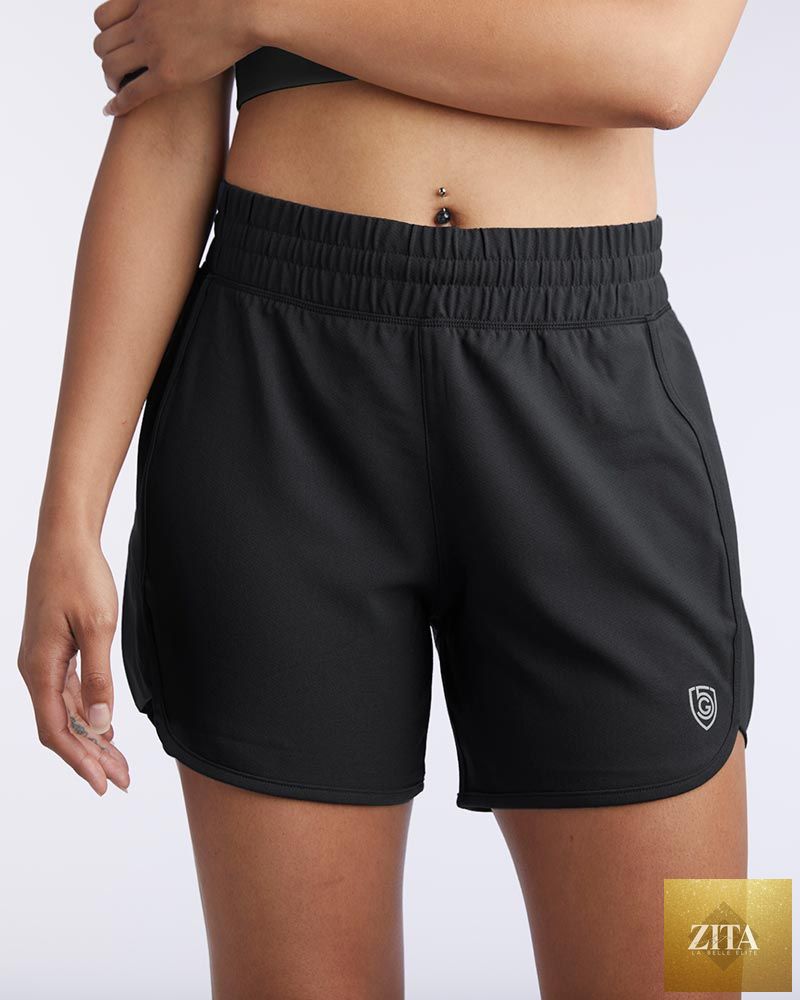 Black Indie women's training sport shorts by Goal Five, front view showing lightweight, comfortable athletic design.