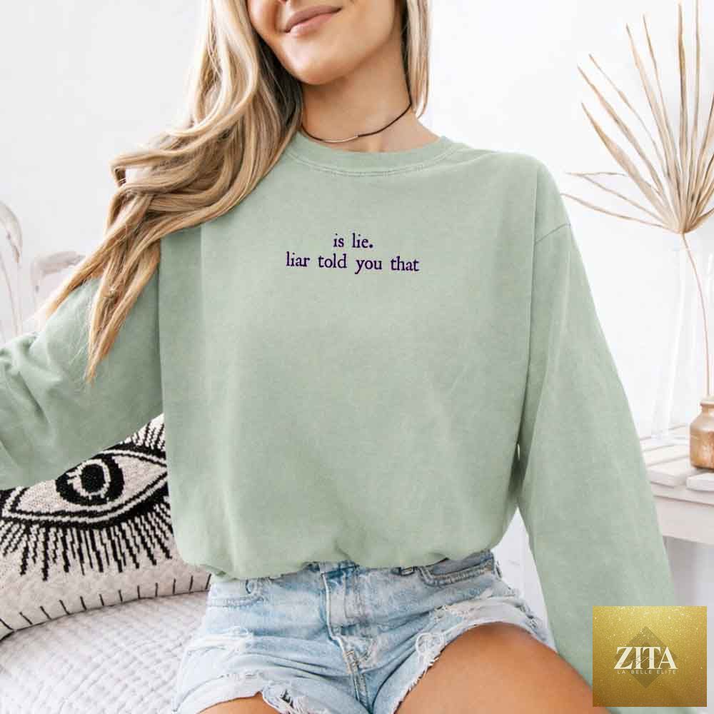 Comfort Colors long sleeve T-shirt featuring "Is Lie, Liar Told You That" design, perfect for hockey romance BookTok fans.