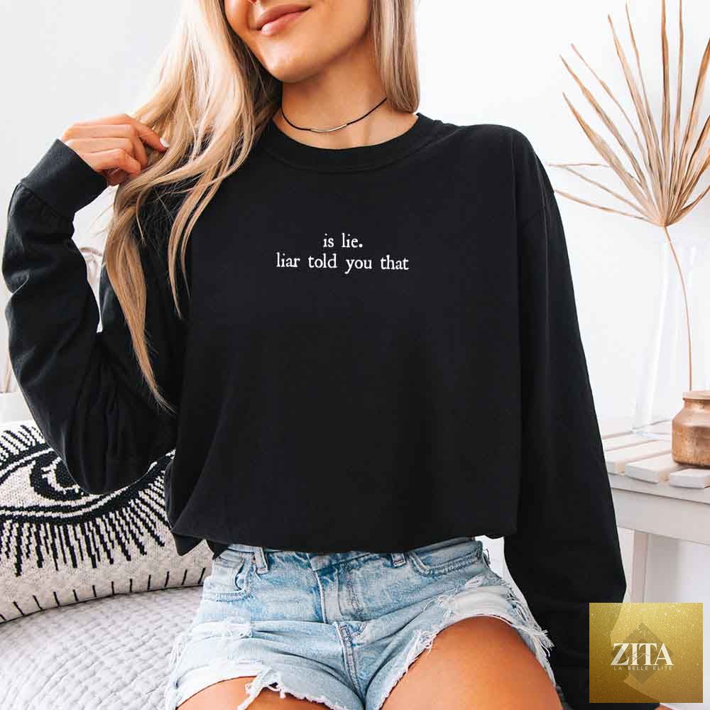 Black Comfort Colors long sleeve T-shirt featuring "Is Lie, Liar Told You That" graphic, from Adorb Custom Tees, inspired by Hockey Romance BookTok.