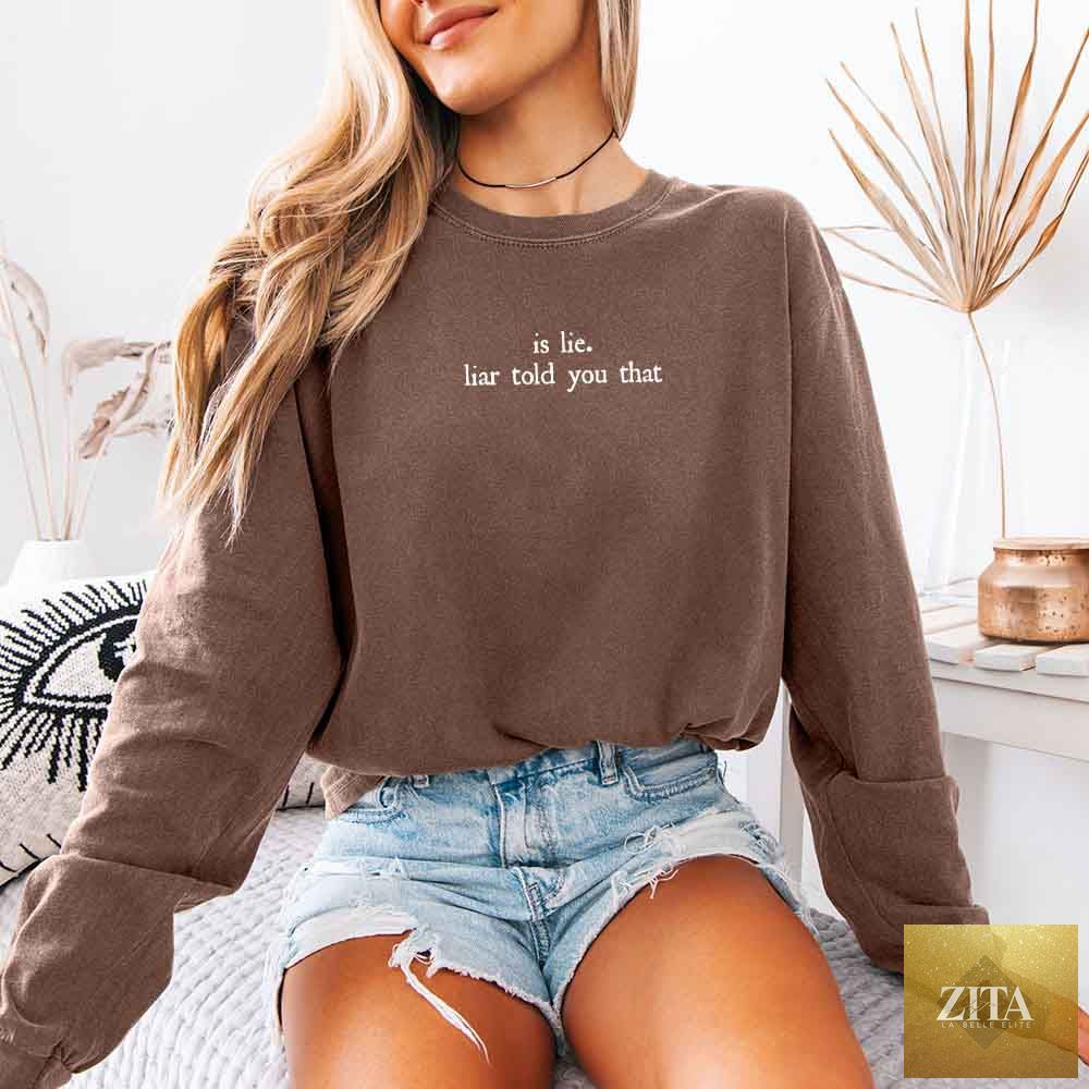 Comfort Colors long sleeve T-shirt with "Is Lie, Liar Told You That" design, in espresso color, by Adorb Custom Tees.