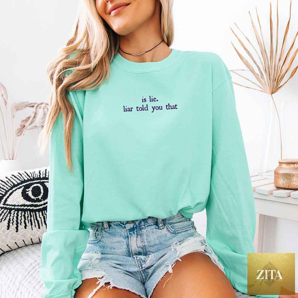 Comfort Colors long sleeve T-shirt featuring "Is Lie, Liar Told You That" design, from Adorb Custom Tees, with a hockey romance BookTok theme.