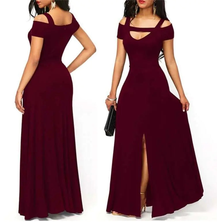 Plus size women's V-neck off-shoulder maxi dress in flowy fabric, featuring a relaxed fit and elegant design.