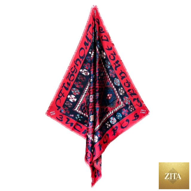Armenian Alphabet silk square scarf featuring colorful Armenian letters, decorative design, from Anet's Collection LLC.