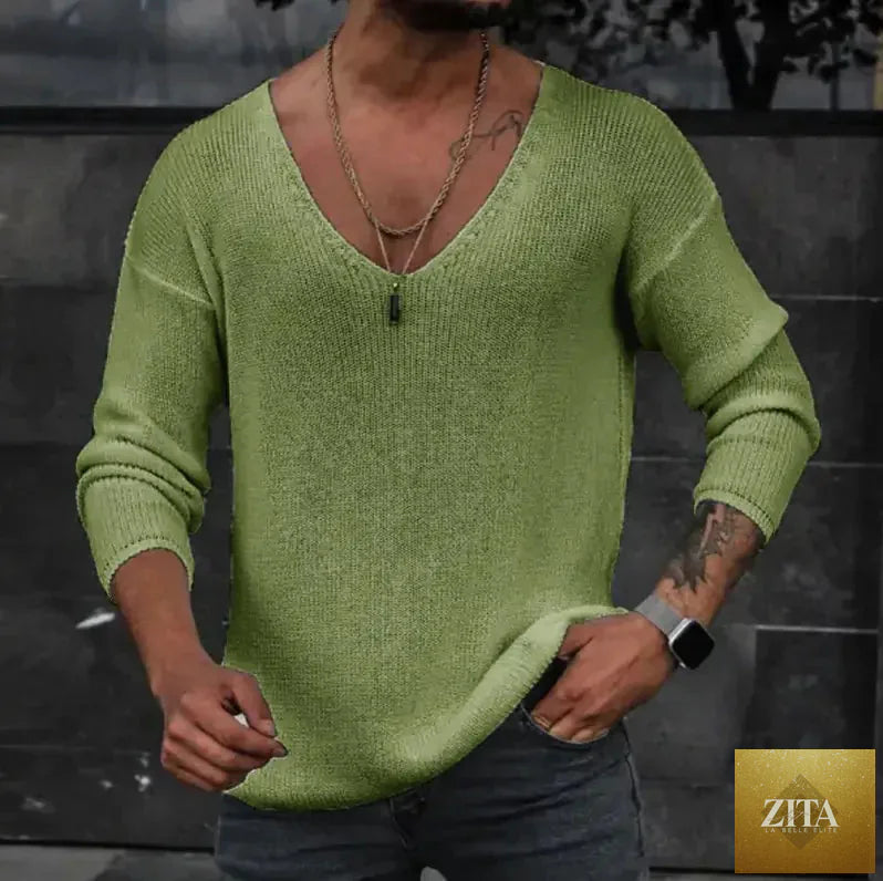 Men's long sleeve V-neck sweater by Trendy Attic Store01, featuring a classic fit and soft knit fabric.