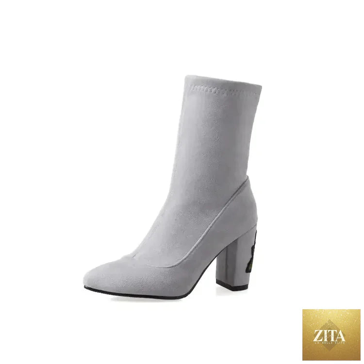 Gray embroidered ankle boots for women with chunky heels, stylish and comfortable footwear from Trendy Attic Store01.