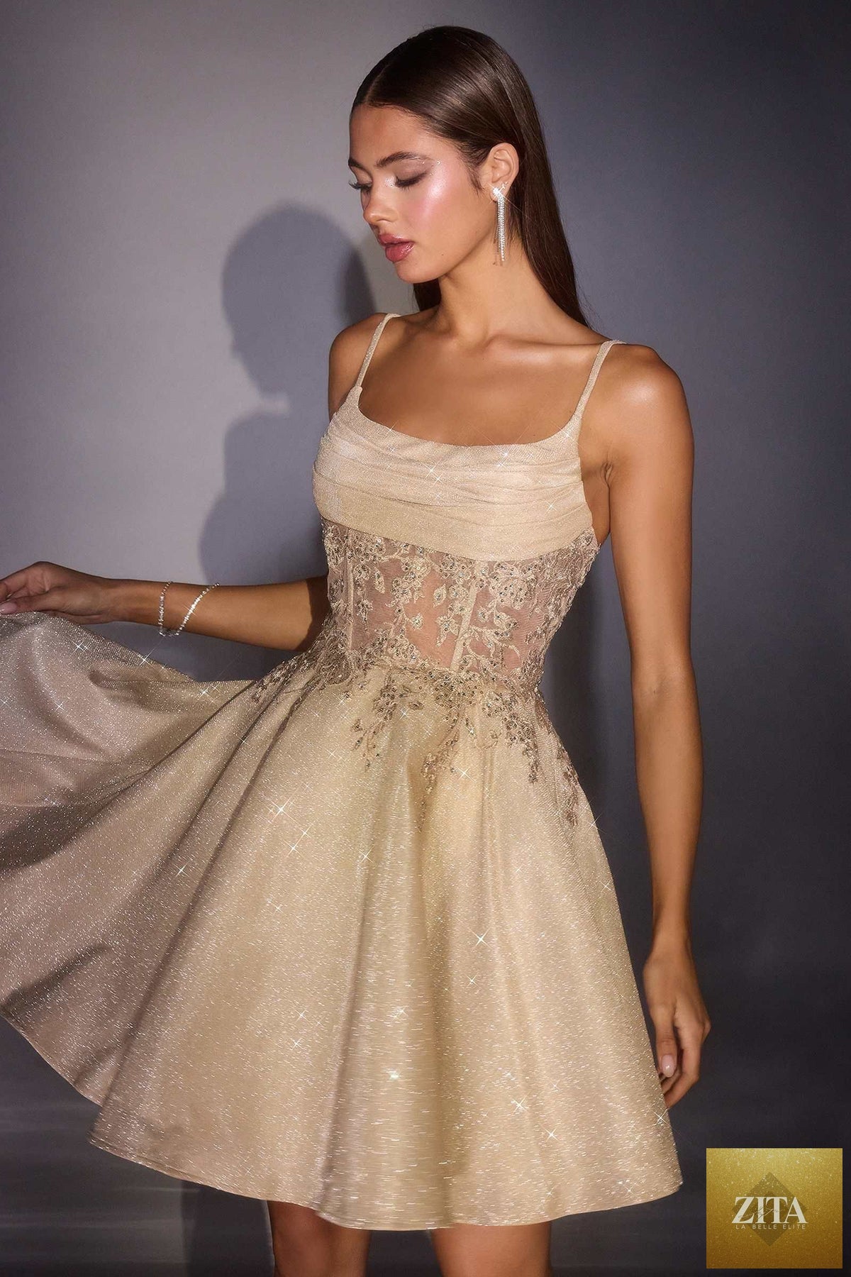 Champagne Ladivine KV1152 fit and flare glitter shimmer homecoming dress with elegant design and sparkling details.