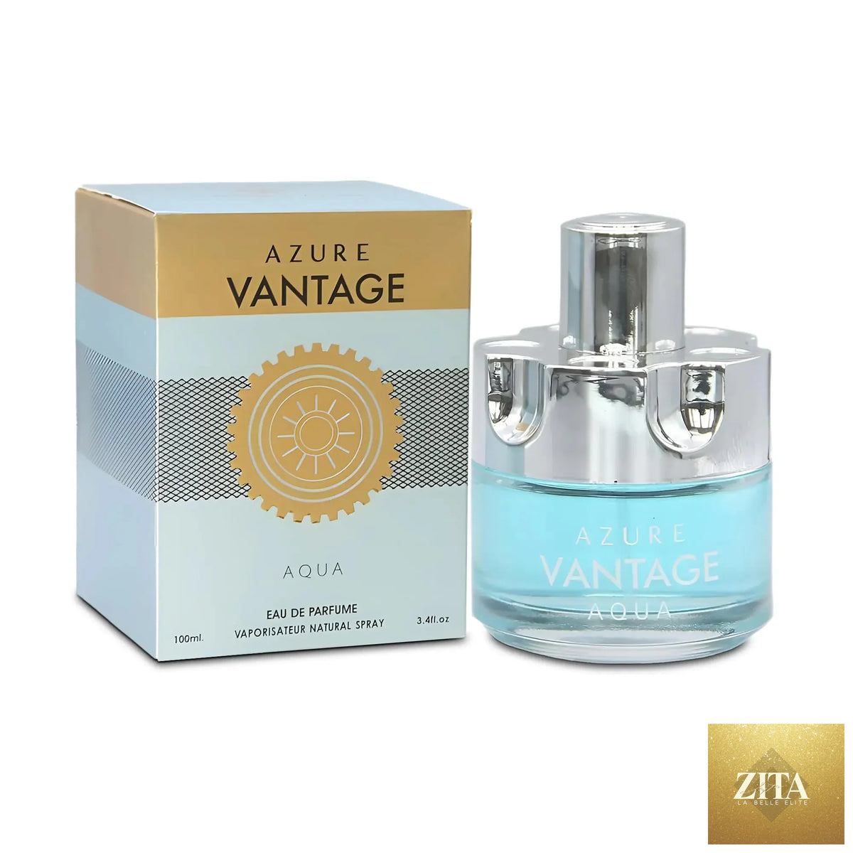 Center Azure Aqua men’s perfume cologne in a sleek bottle, featuring a vibrant blue design, ideal for men’s fragrance collection.