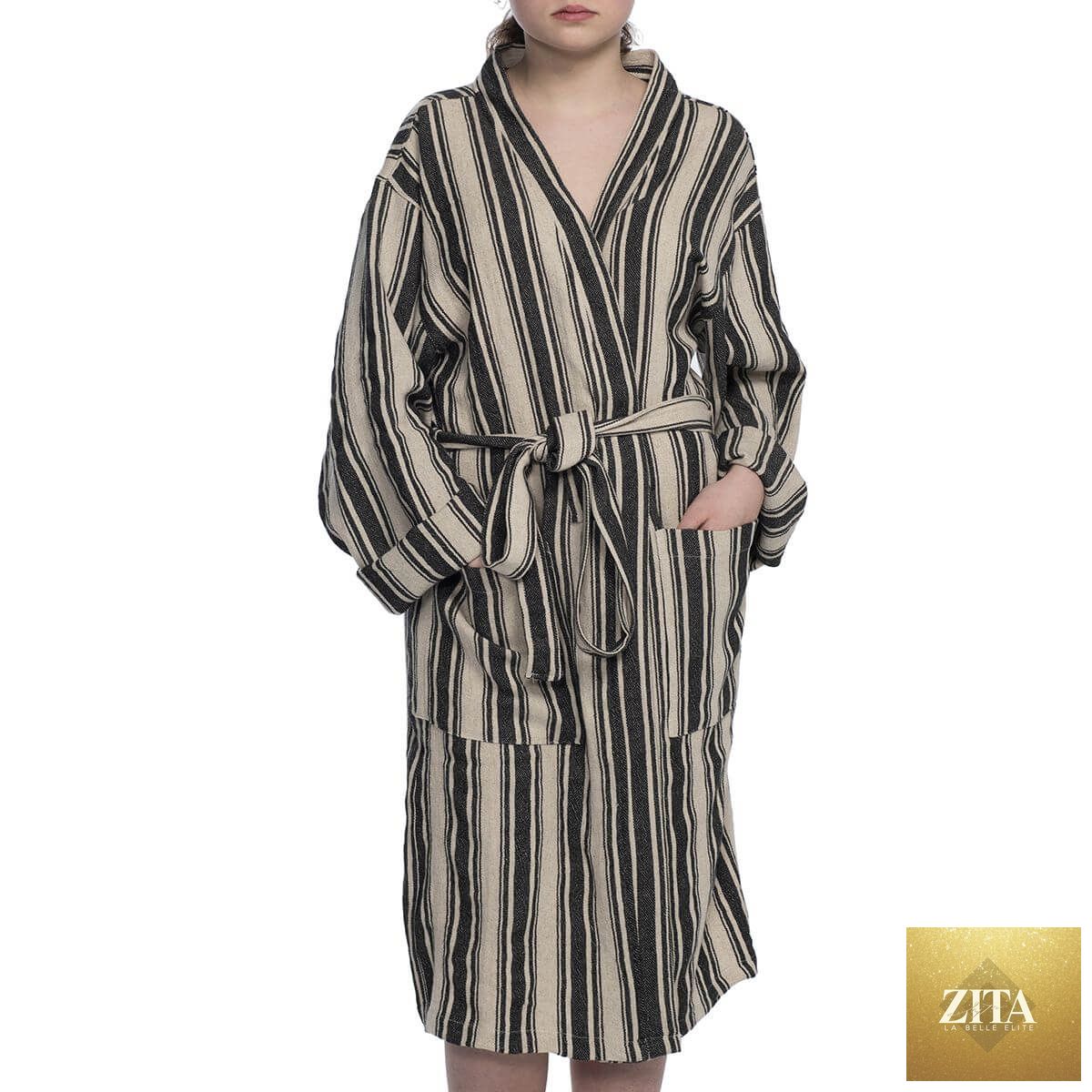 Black Turkish cotton linen blend kimono bathrobe by Zita La Belle Elite, lightweight unisex Turkish towel robe on a hanger.